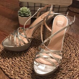 ‎Silver Strappy Platforms with Glitter Heels